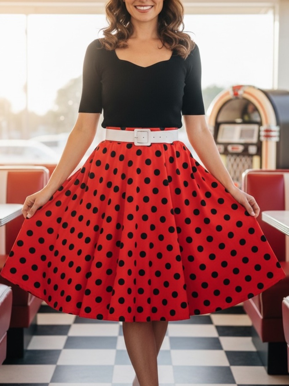 BI.TENCON 1950s Polka Dot Swing Skirt w/ Red Tulle Sz L Halloween Costume